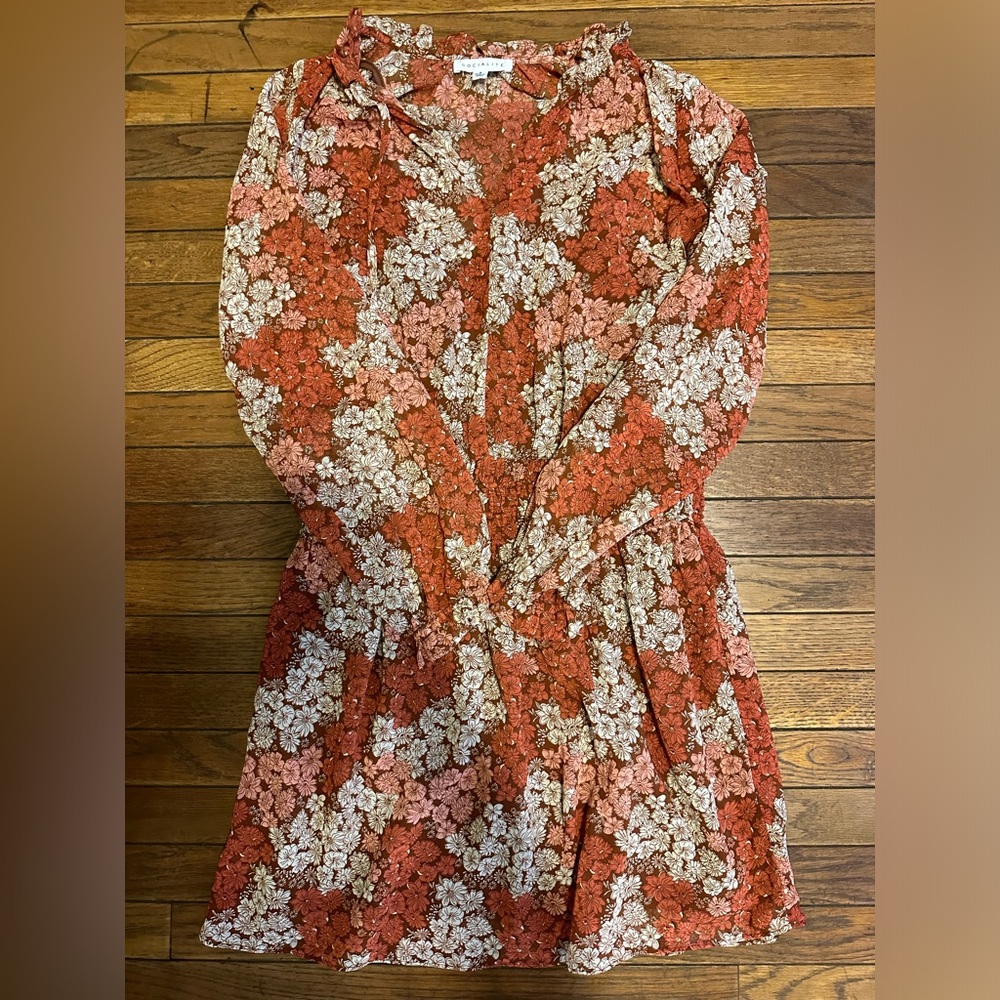 Burnt orange floral dress with burnt orange under dress slip.